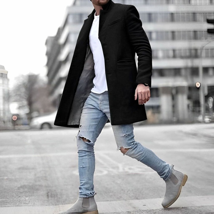 Men's Slim-Fit Mid-Length Mens Winter Coat Stand Collar Overcoat - Black