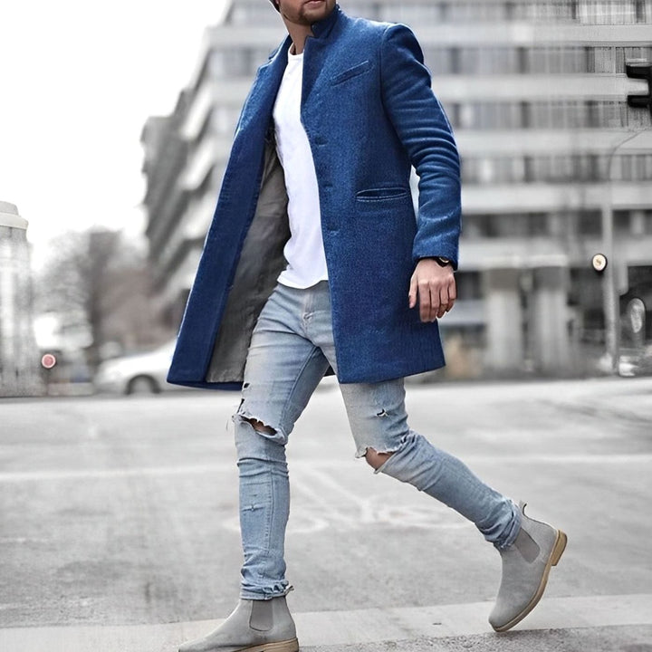 Men's Slim-Fit Mid-Length Mens Winter Coat Stand Collar Overcoat - Blue