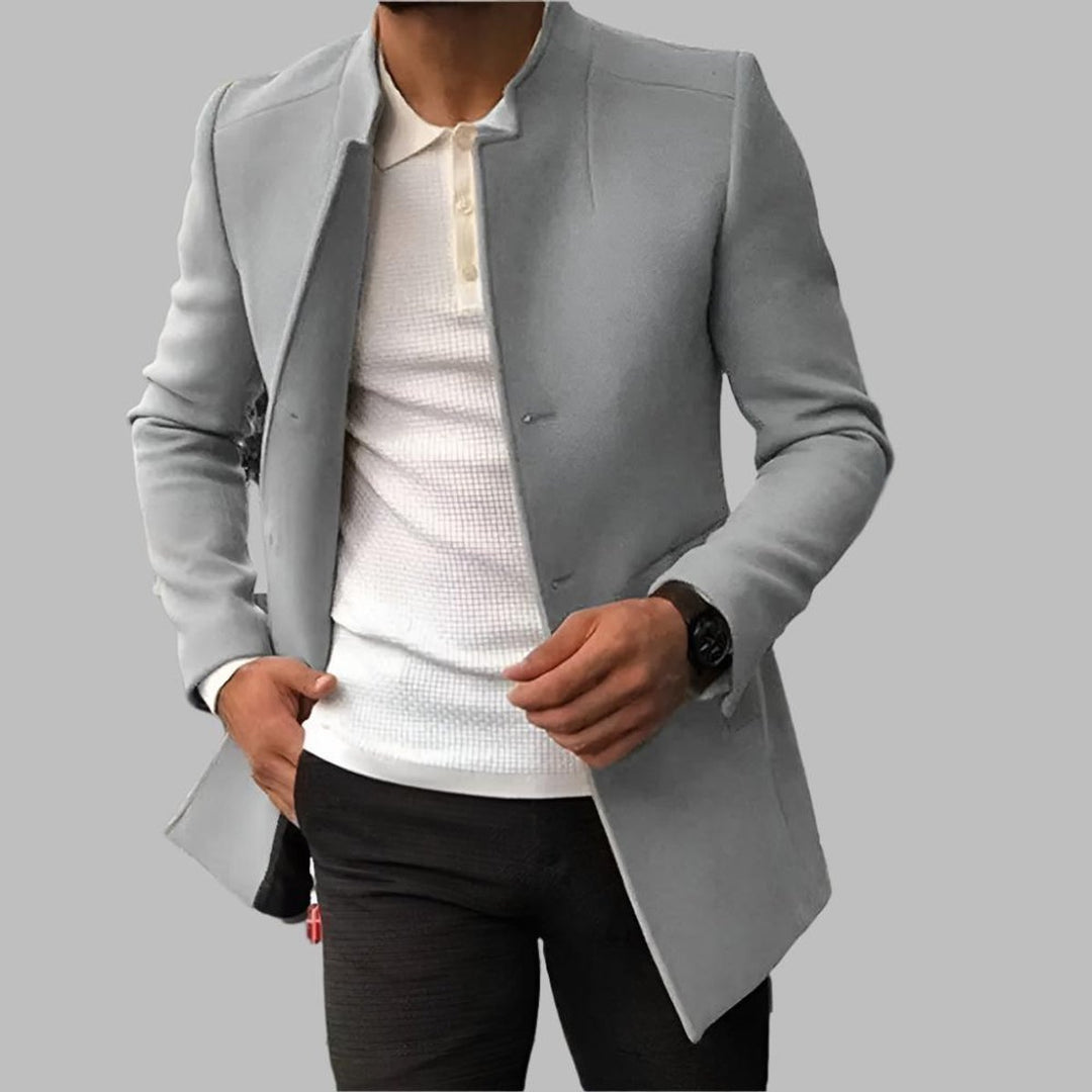 Men's Slim-Fit Open-Front Mens Wool Coat Collarless Blazer - Grey