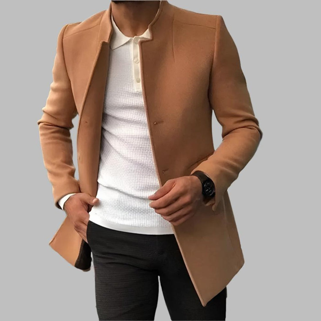 Men's Slim-Fit Open-Front Mens Wool Coat Collarless Blazer - Caramel
