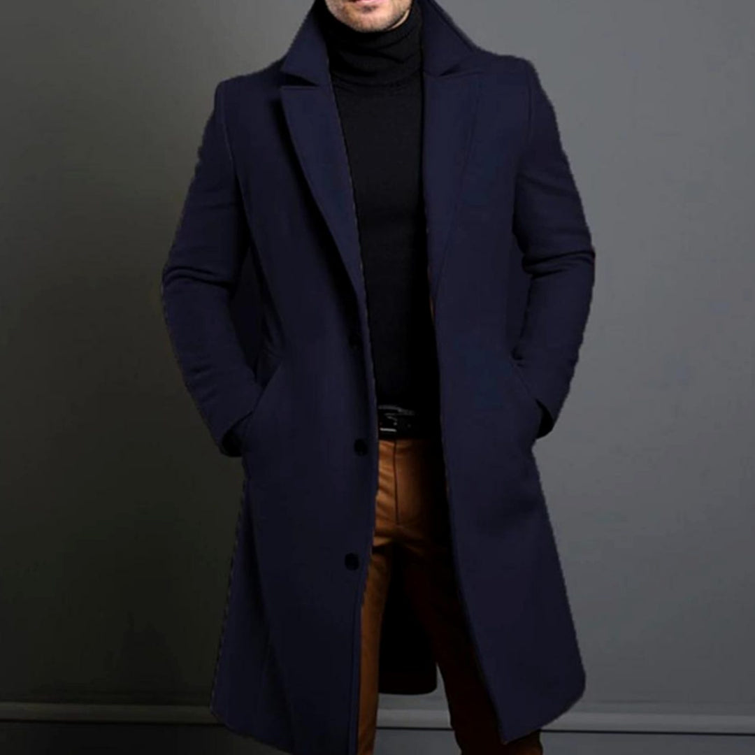Men's Slim-Fit Single-Breasted Long Winter Coat - Blue