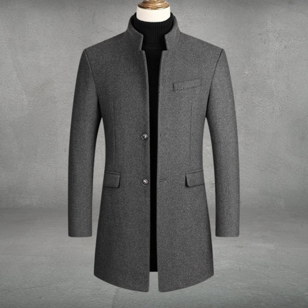 Men's Slim-Fit Wool Coat Stand-Collar Single-Breasted Overcoat - Grey