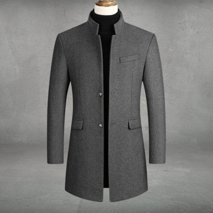 Men's Slim-Fit Wool Coat Stand-Collar Single-Breasted Overcoat - Grey