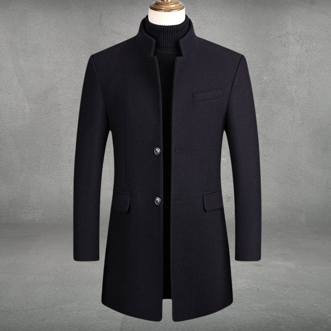 Men's Slim-Fit Wool Coat Stand-Collar Single-Breasted Overcoat - Black