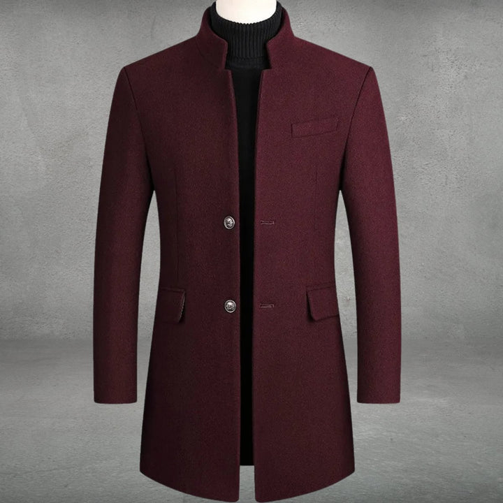 Men's Slim-Fit Wool Coat Stand-Collar Single-Breasted Overcoat - Burgundy