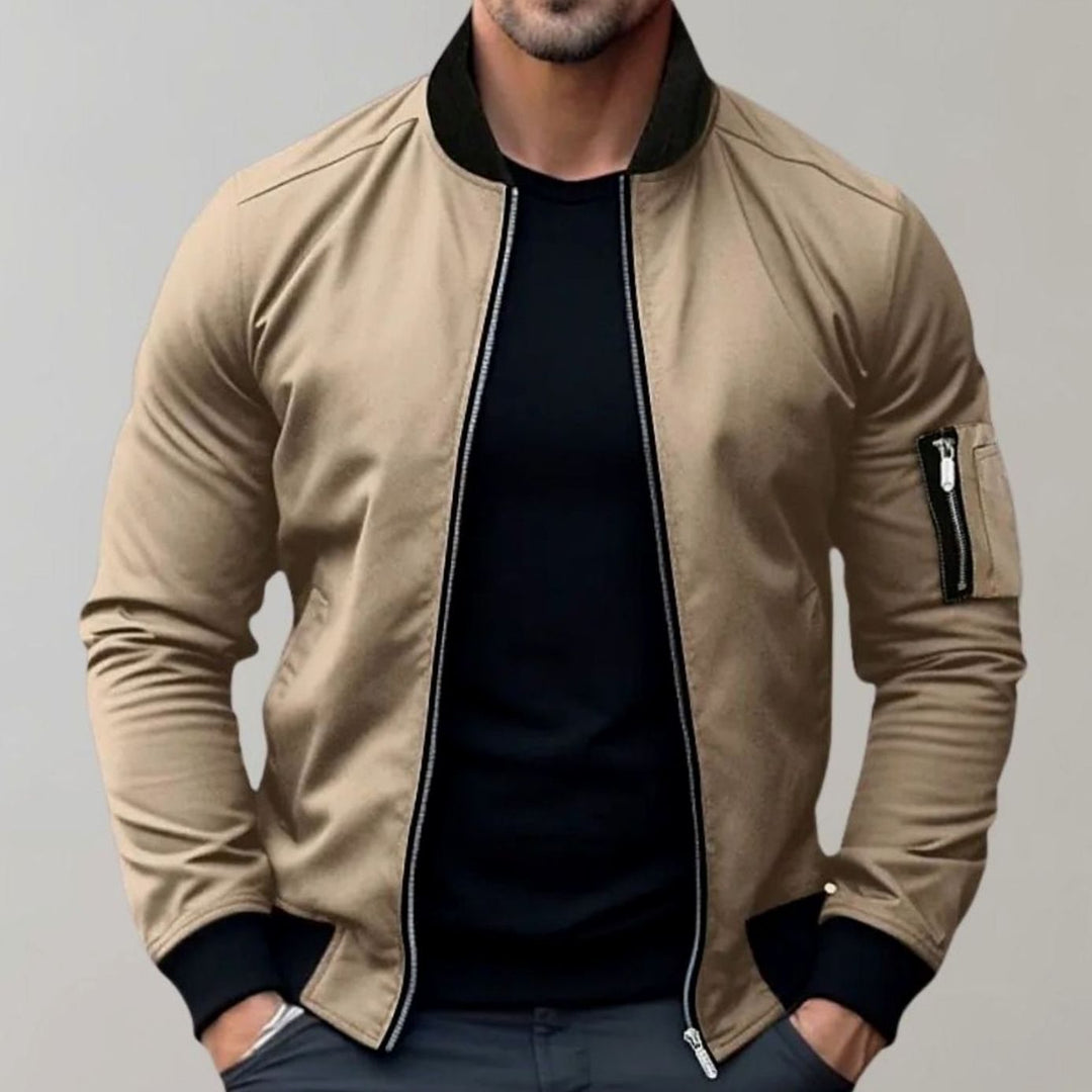 Men's Slim-Fit Zip-Up Bomber Jacket Raglan Sleeve Pockets - Khaki