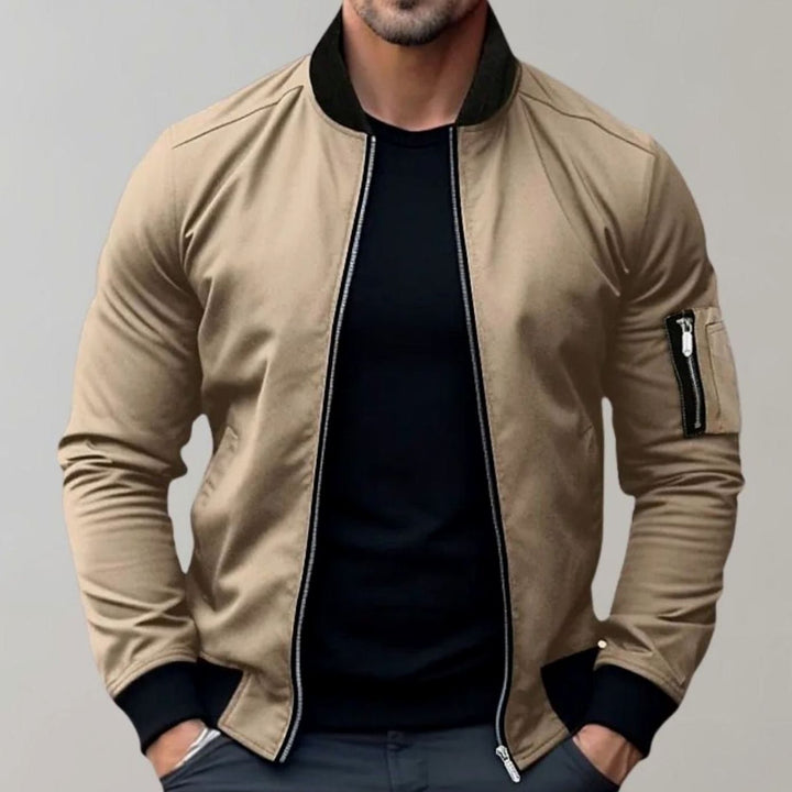 Men's Slim-Fit Zip-Up Bomber Jacket Raglan Sleeve Pockets - Khaki