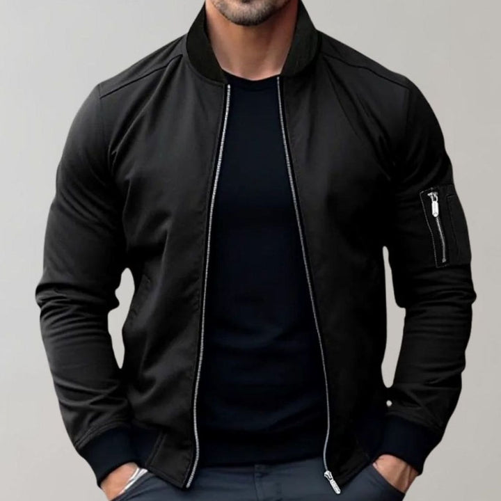 Men's Slim-Fit Zip-Up Bomber Jacket Raglan Sleeve Pockets - Black