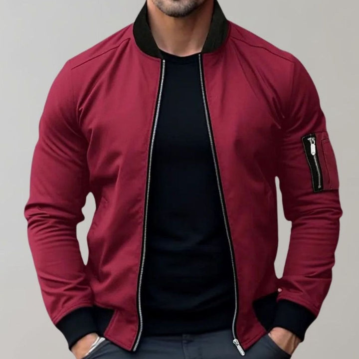 Men's Slim-Fit Zip-Up Bomber Jacket Raglan Sleeve Pockets - Burgundy