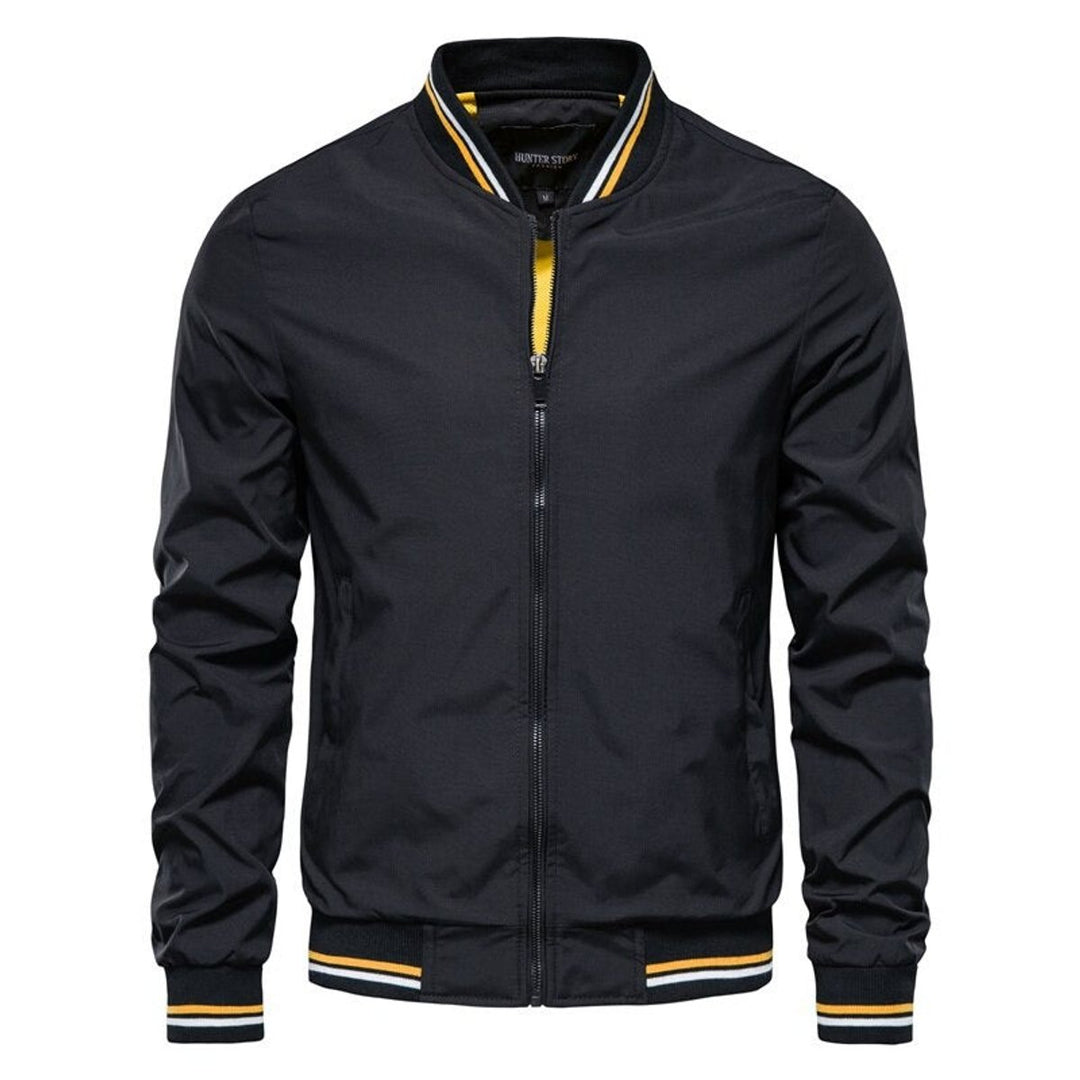 Men's Solid Colour Zip-Up Bomber Jacket Ribbed Collar Cuffs