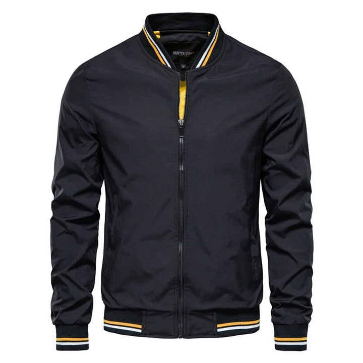 Men's Solid Colour Zip-Up Bomber Jacket Ribbed Collar Cuffs