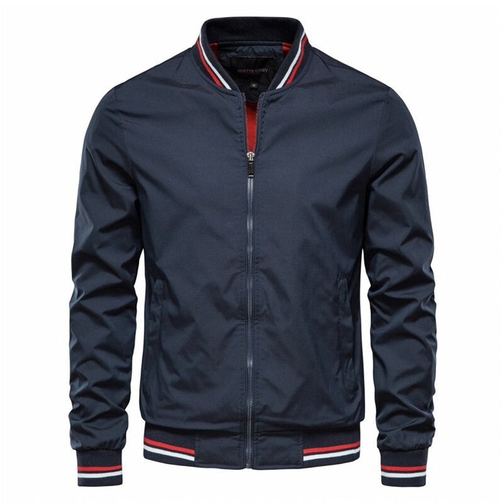 Men's Solid Colour Zip-Up Bomber Jacket Ribbed Collar Cuffs