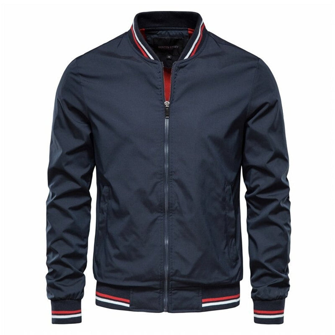Men's Solid Colour Zip-Up Bomber Jacket Ribbed Collar Cuffs