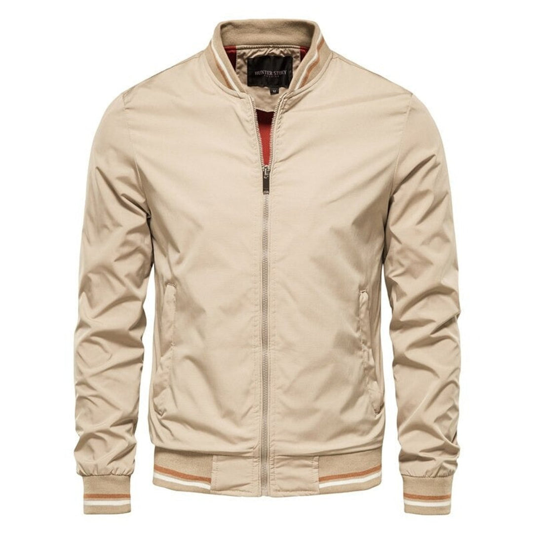 Men's Solid Colour Zip-Up Bomber Jacket Ribbed Collar Cuffs