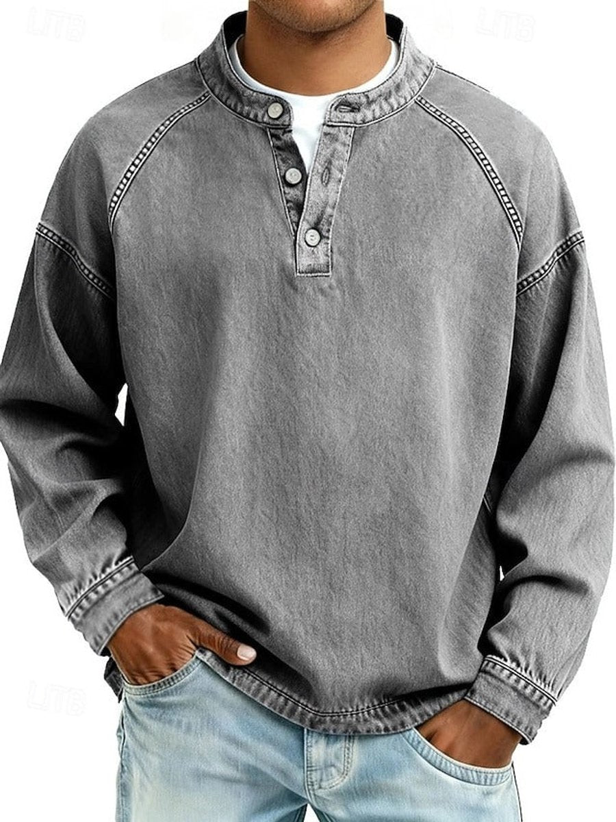 Men's Vintage Henley Long Sleeve Mens Knit Sweater Pullover - Grey