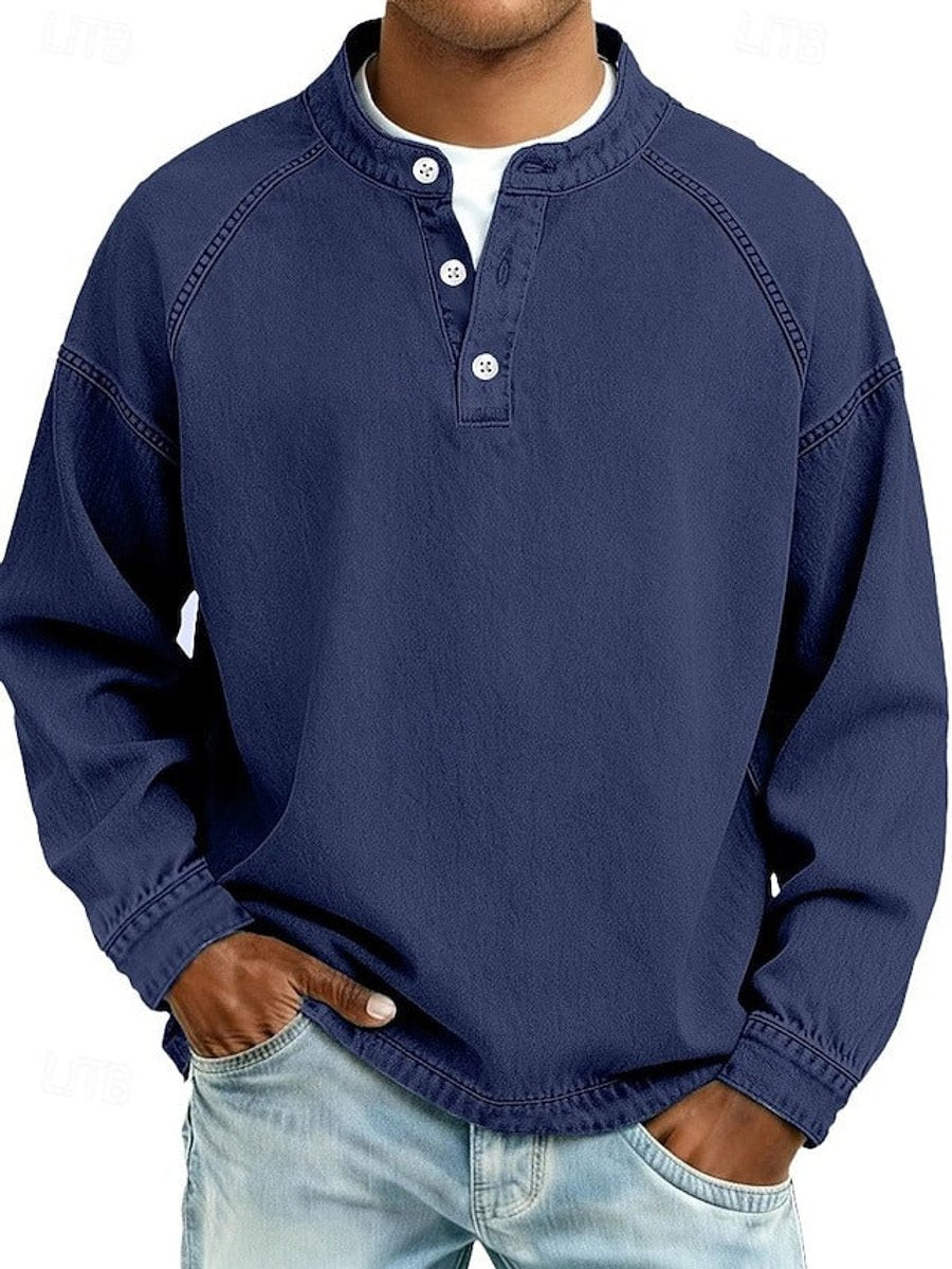 Men's Vintage Henley Long Sleeve Mens Knit Sweater Pullover - Royal Blue