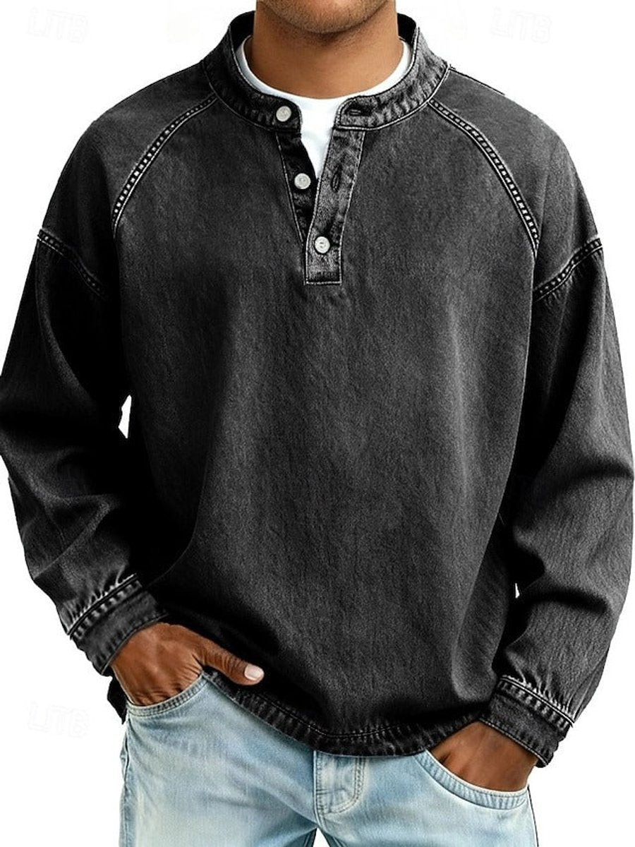 Men's Vintage Henley Long Sleeve Mens Knit Sweater Pullover - Black
