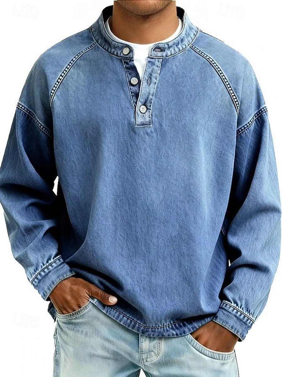 Men's Vintage Henley Long Sleeve Mens Knit Sweater Pullover - Light Blue