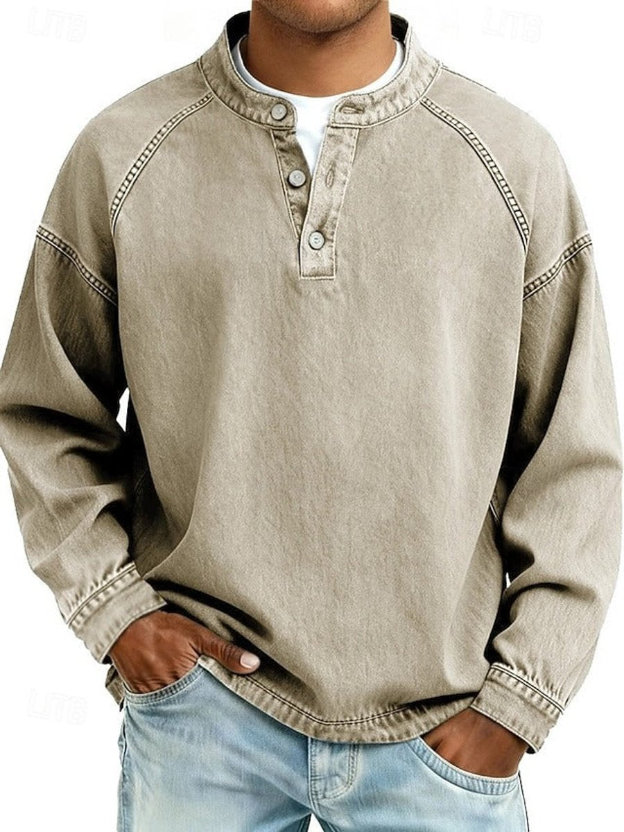 Men's Vintage Henley Long Sleeve Mens Knit Sweater Pullover - Khaki