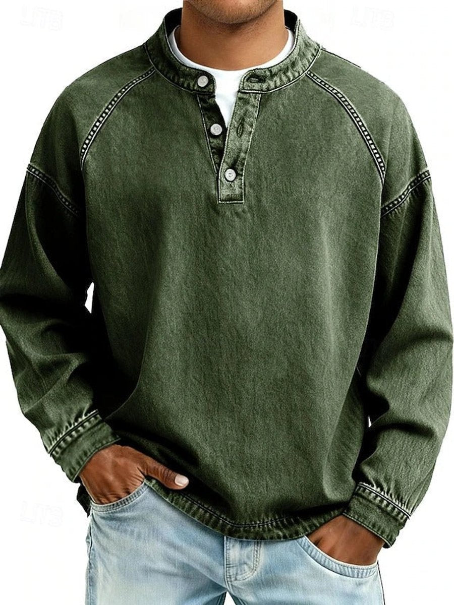 Men's Vintage Henley Long Sleeve Mens Knit Sweater Pullover - Dark Green