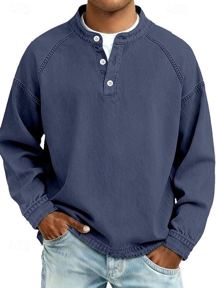 Men's Vintage Henley Long Sleeve Mens Knit Sweater Pullover - Dark Blue