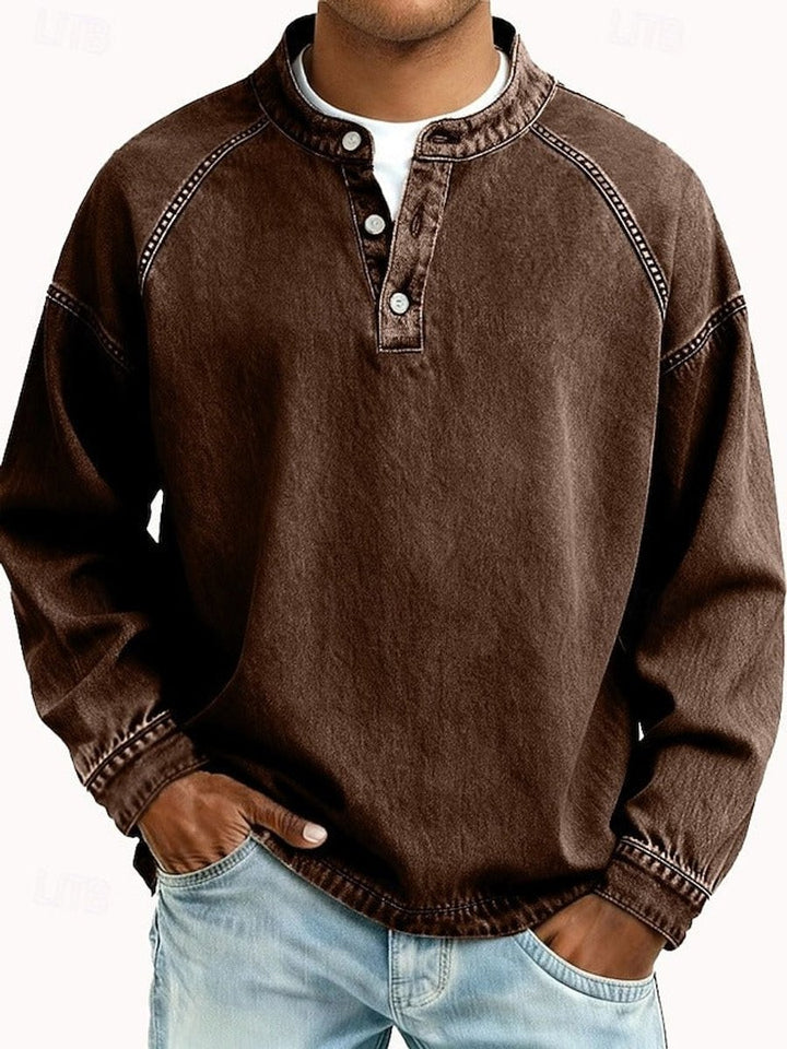 Men's Vintage Henley Long Sleeve Mens Knit Sweater Pullover - Brown