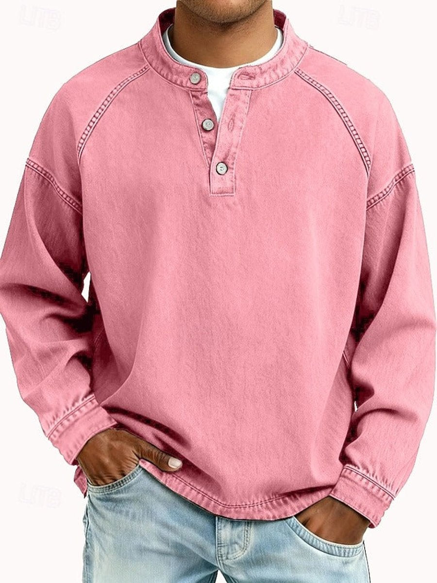 Men's Vintage Henley Long Sleeve Mens Knit Sweater Pullover - Pink