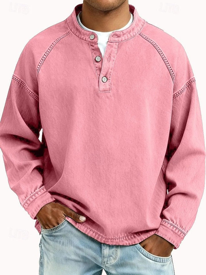Men's Vintage Henley Long Sleeve Mens Knit Sweater Pullover - Pink
