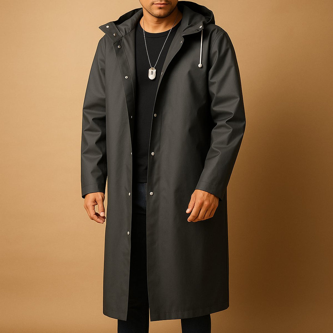 Men's Waterproof Hooded Long EVA Rain Jacket - Black
