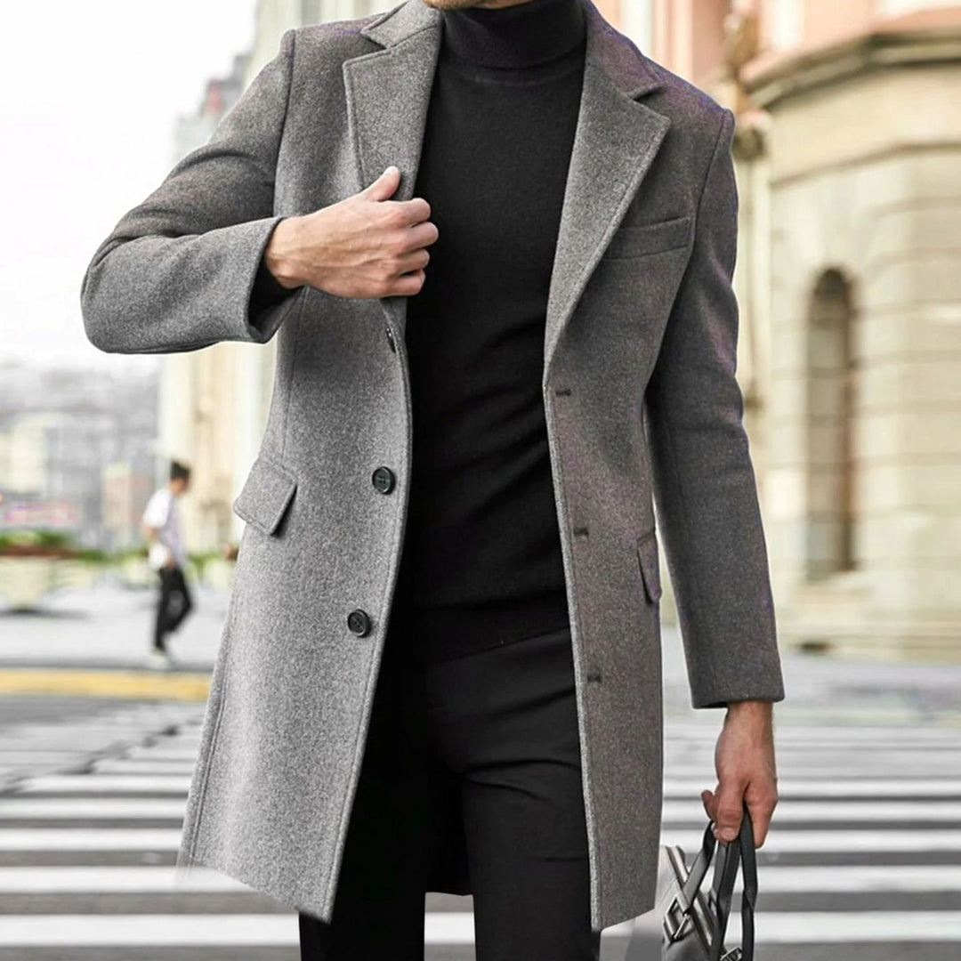 Men's Winter Coat Single-Breasted Notched Lapel Long Overcoat - Grey