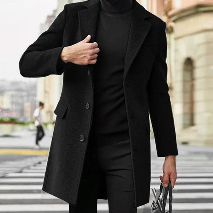 Men's Winter Coat Single-Breasted Notched Lapel Long Overcoat - Black