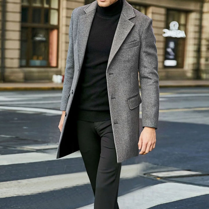 Men's Winter Coat Single-Breasted Notched Lapel Long Overcoat - Grey