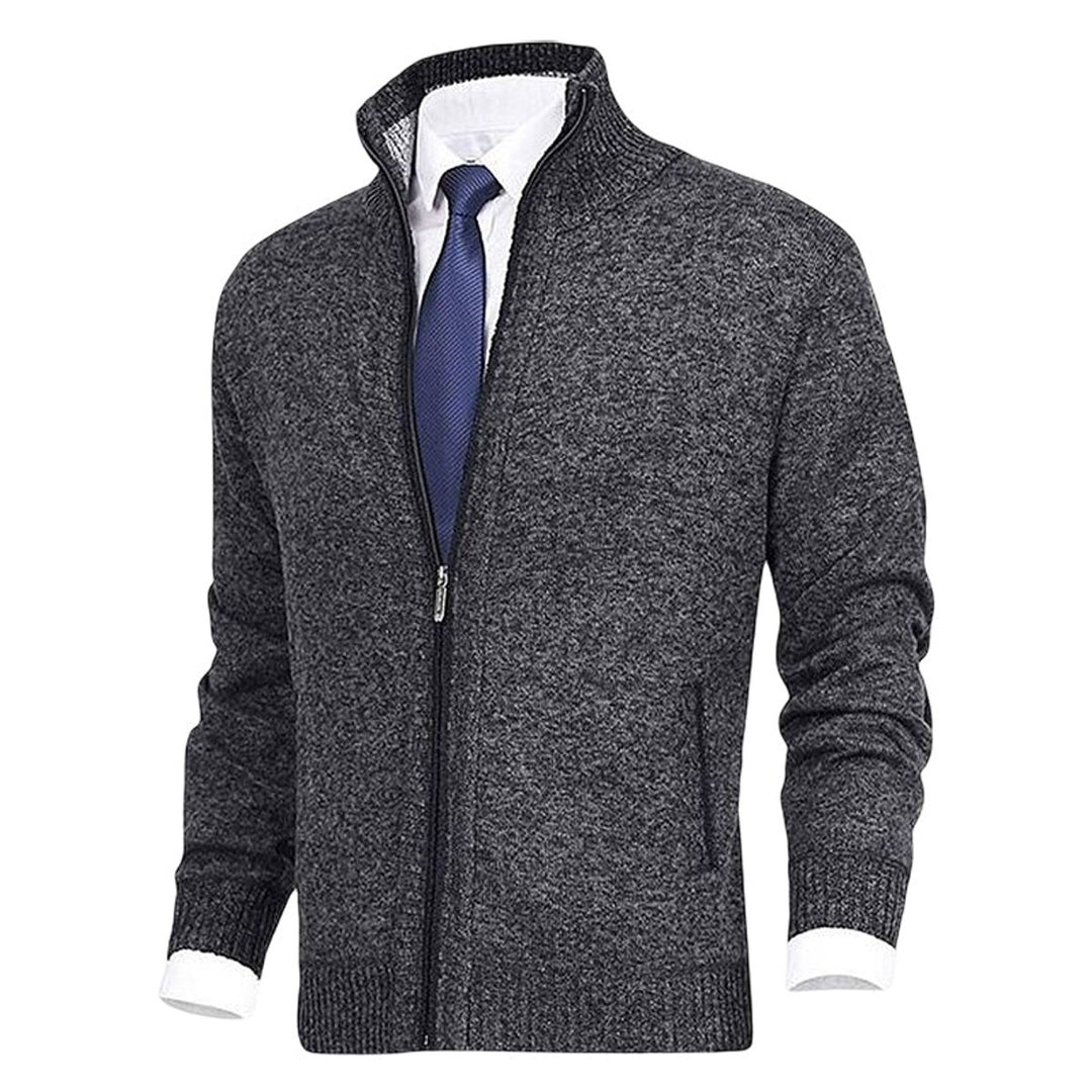 Men's Zip-Up Fleece-Lined Knit Cardigan Stand Collar Sweater