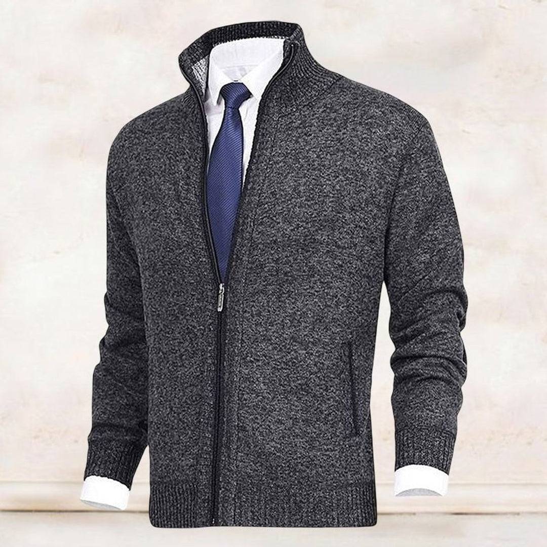Men's Zip-Up Fleece-Lined Knit Cardigan Stand Collar Sweater