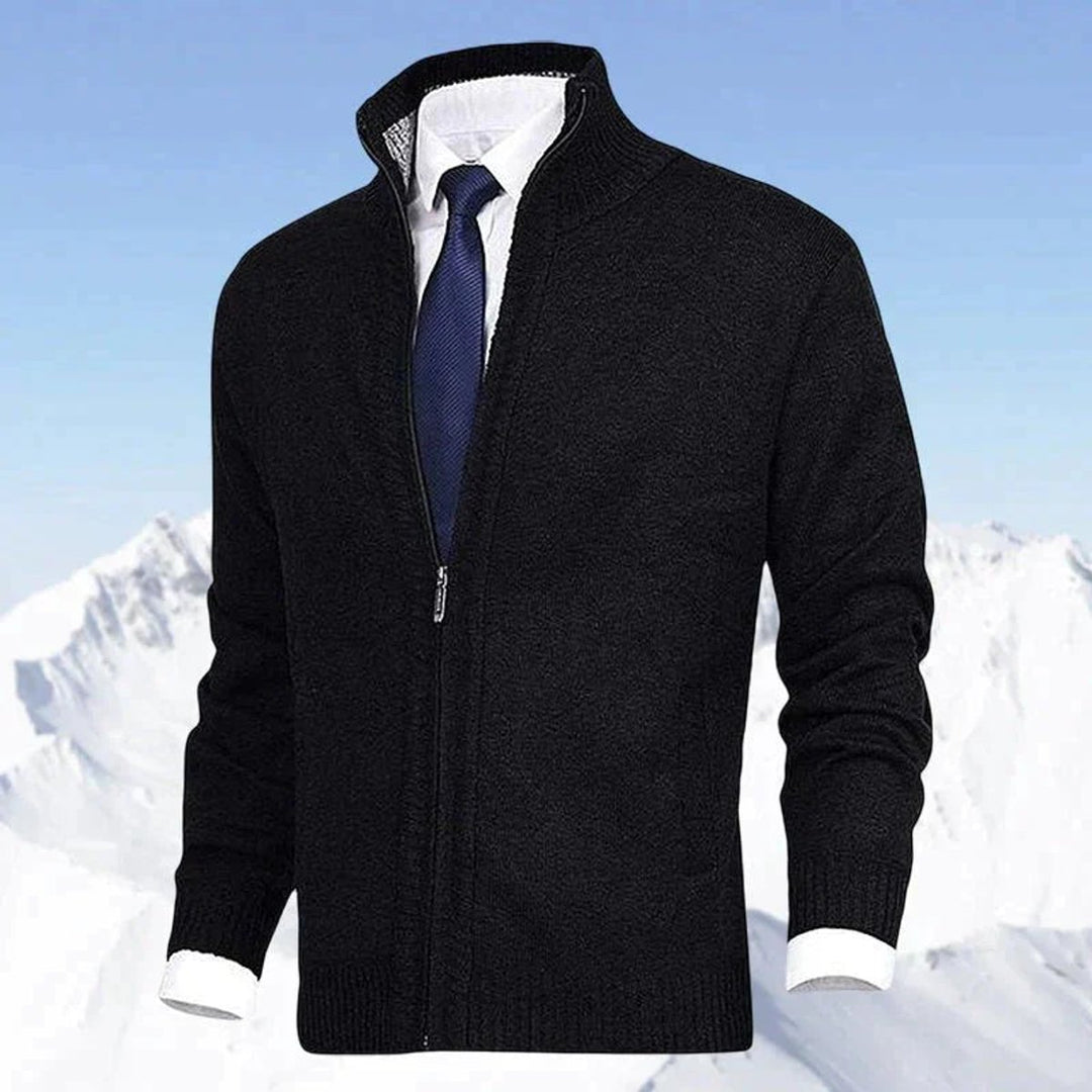 Men's Zip-Up Fleece-Lined Knit Cardigan Stand Collar Sweater - Black