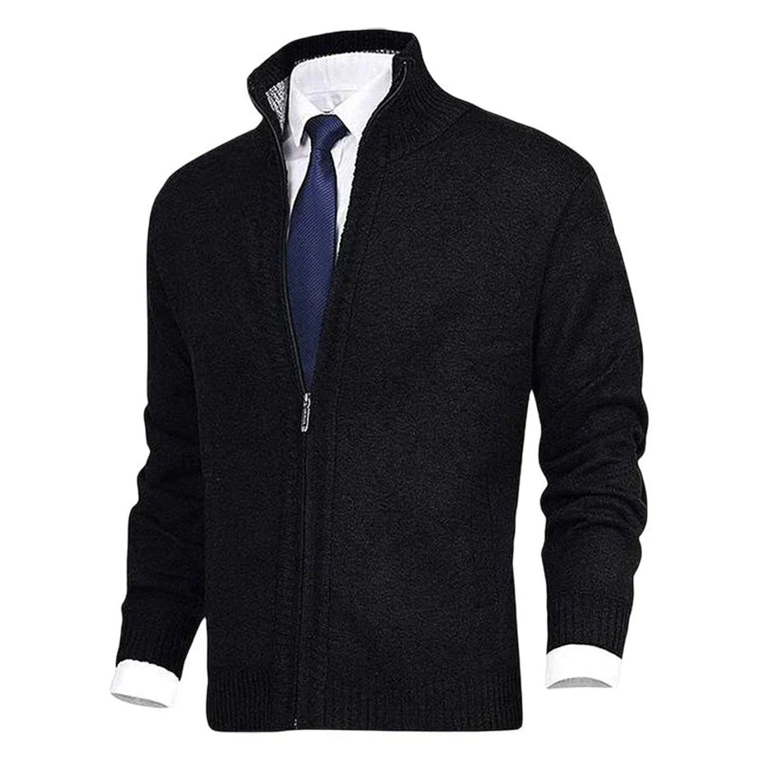 Men's Zip-Up Fleece-Lined Knit Cardigan Stand Collar Sweater