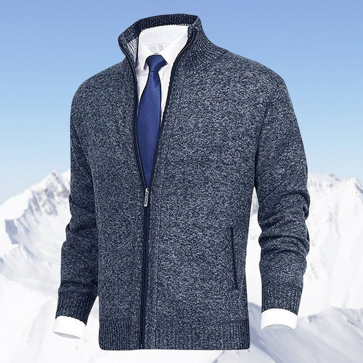 Men's Zip-Up Fleece-Lined Knit Cardigan Stand Collar Sweater - Blue