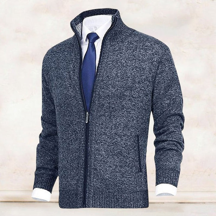 Men's Zip-Up Fleece-Lined Knit Cardigan Stand Collar Sweater
