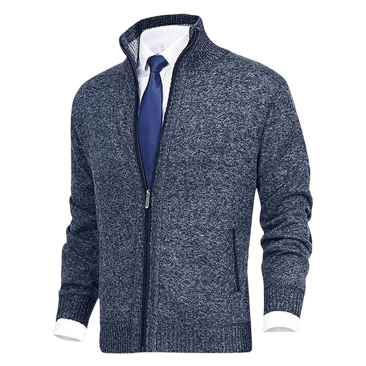 Men's Zip-Up Fleece-Lined Knit Cardigan Stand Collar Sweater