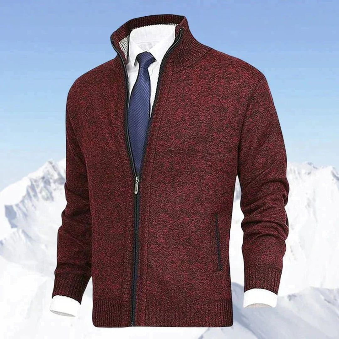 Men's Zip-Up Fleece-Lined Knit Cardigan Stand Collar Sweater - Red