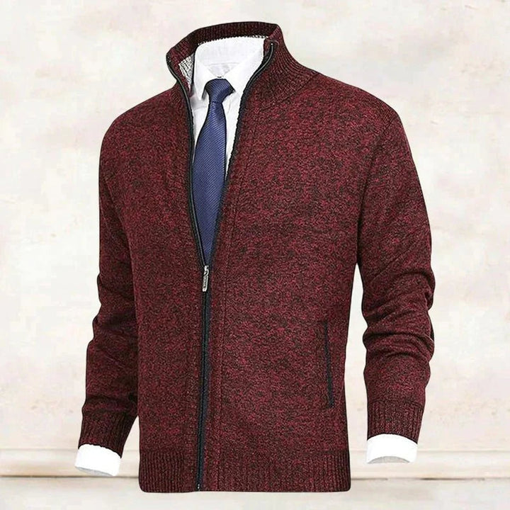 Men's Zip-Up Fleece-Lined Knit Cardigan Stand Collar Sweater