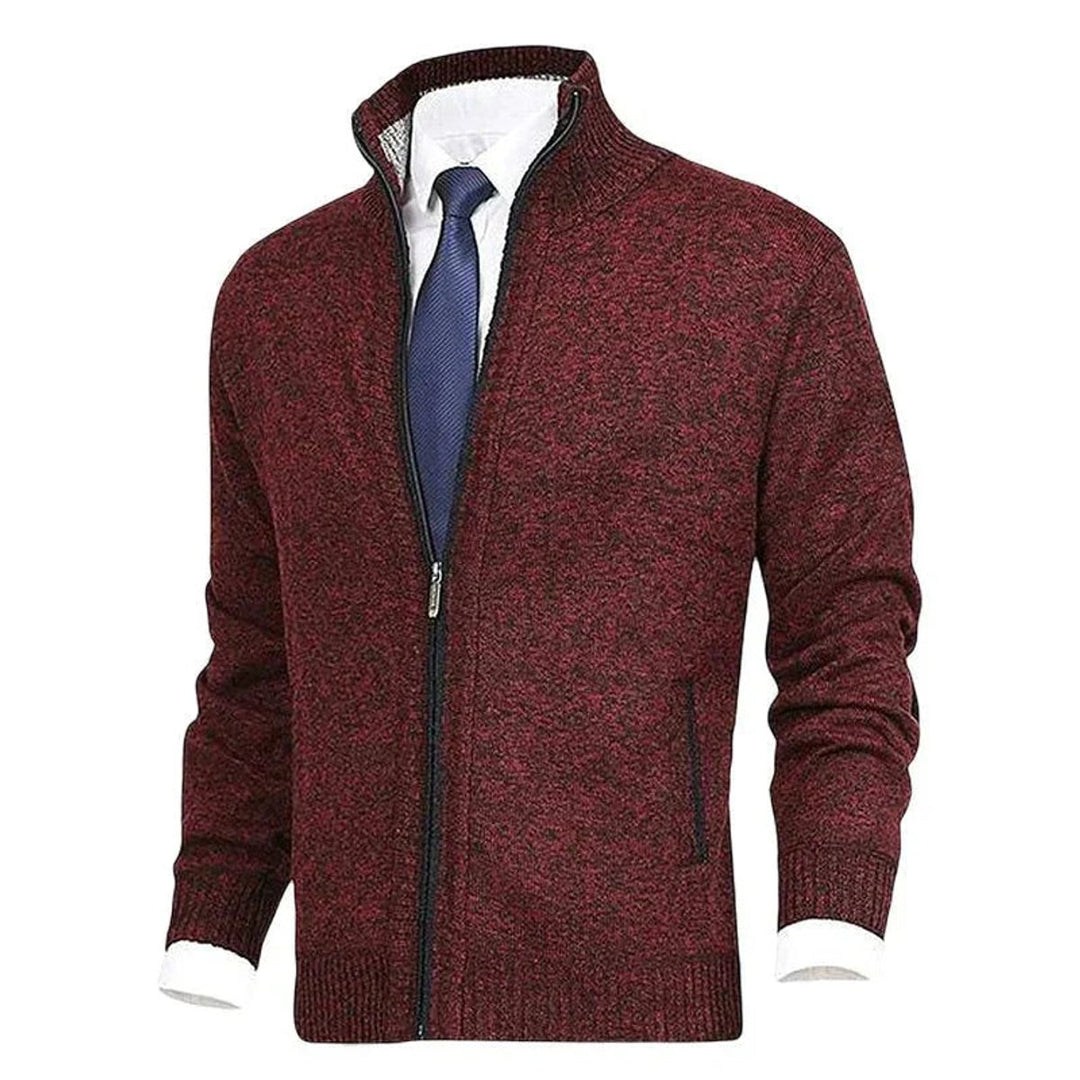Men's Zip-Up Fleece-Lined Knit Cardigan Stand Collar Sweater