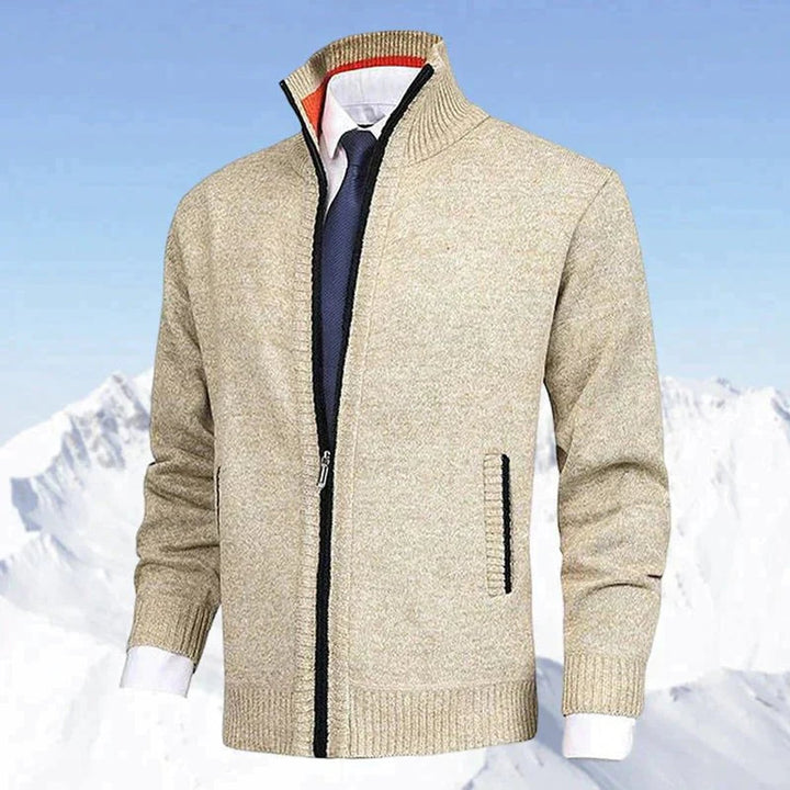 Men's Zip-Up Fleece-Lined Knit Cardigan Stand Collar Sweater - Beige