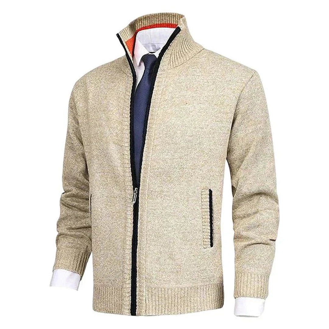 Men's Zip-Up Fleece-Lined Knit Cardigan Stand Collar Sweater