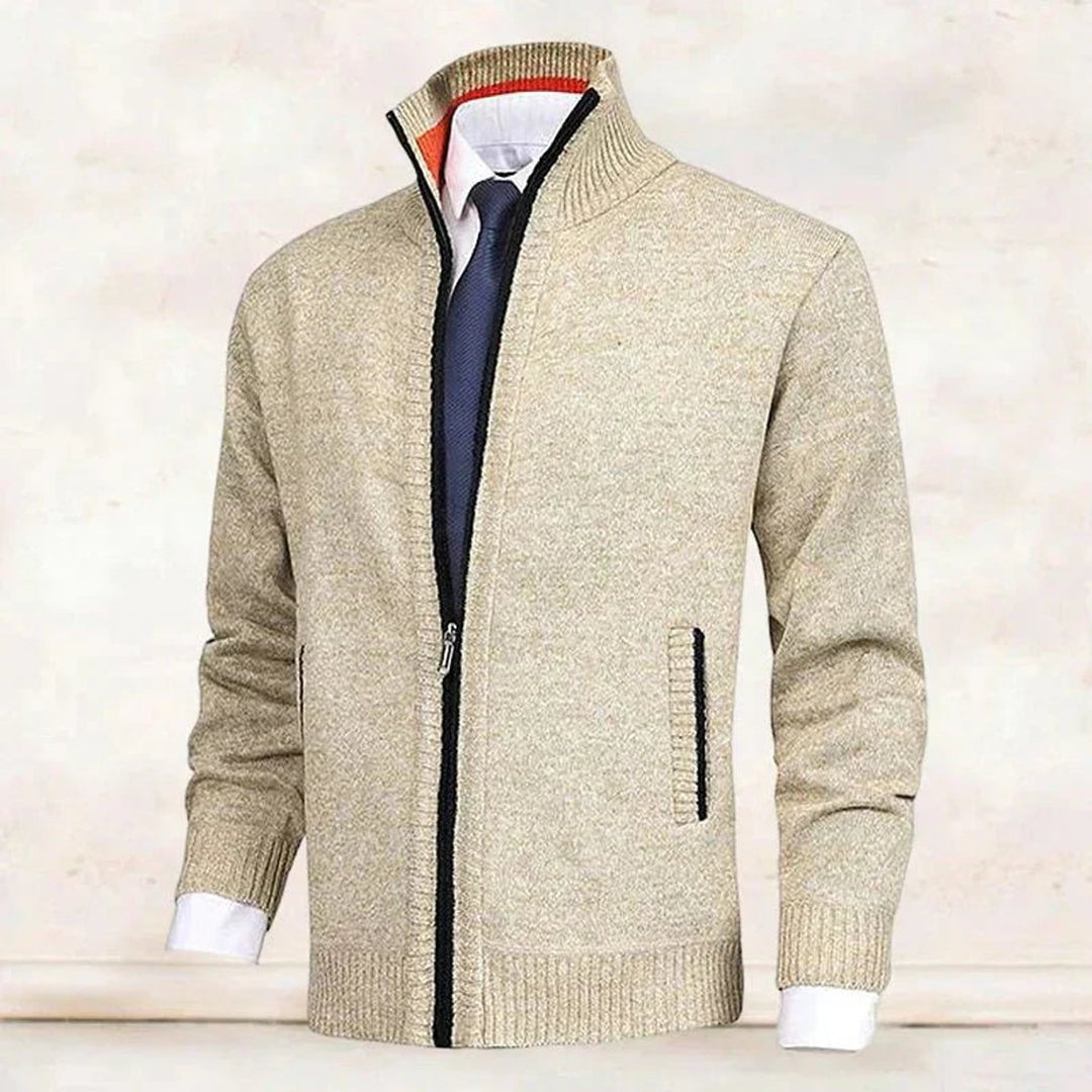 Men's Zip-Up Fleece-Lined Knit Cardigan Stand Collar Sweater