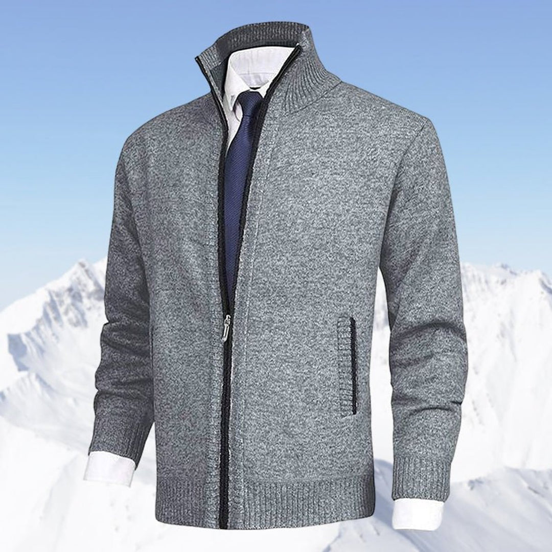Men's Zip-Up Fleece-Lined Knit Cardigan Stand Collar Sweater - Light Grey