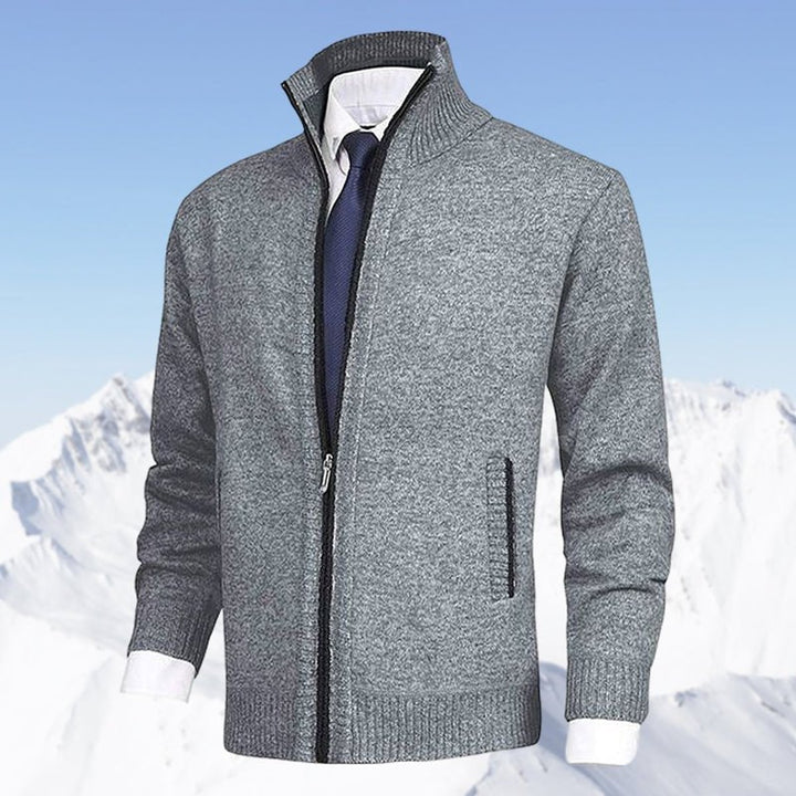 Men's Zip-Up Fleece-Lined Knit Cardigan Stand Collar Sweater - Light Grey
