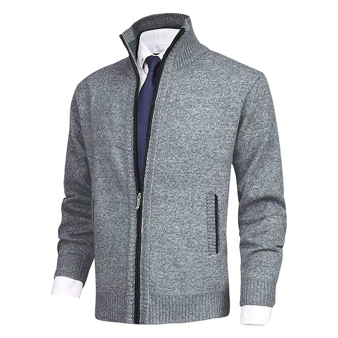 Men's Zip-Up Fleece-Lined Knit Cardigan Stand Collar Sweater