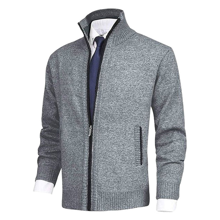 Men's Zip-Up Fleece-Lined Knit Cardigan Stand Collar Sweater
