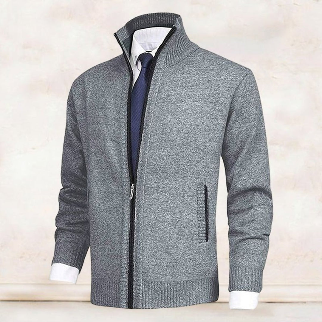 Men's Zip-Up Fleece-Lined Knit Cardigan Stand Collar Sweater